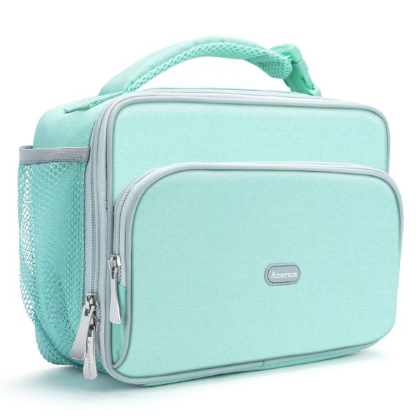 Amersun Kids Lunch Box,Durable Insulated with Padded Liner Keep Food Warm Cold for Long Time,Water-resistant Thermal Travel Office School Lunch Cooler Bag for Girls Boy-2 Pocket,Light Blue