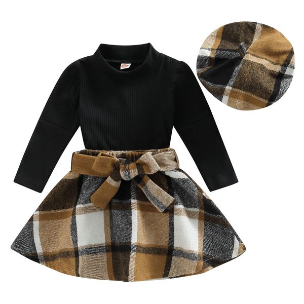 Mubineo Toddler Baby Girl 3PCS Fall Winter Skirt Outfits Long Sleeve Shirt Tops Plaid Skirts Hat Set (Black Brown, 4 Years)