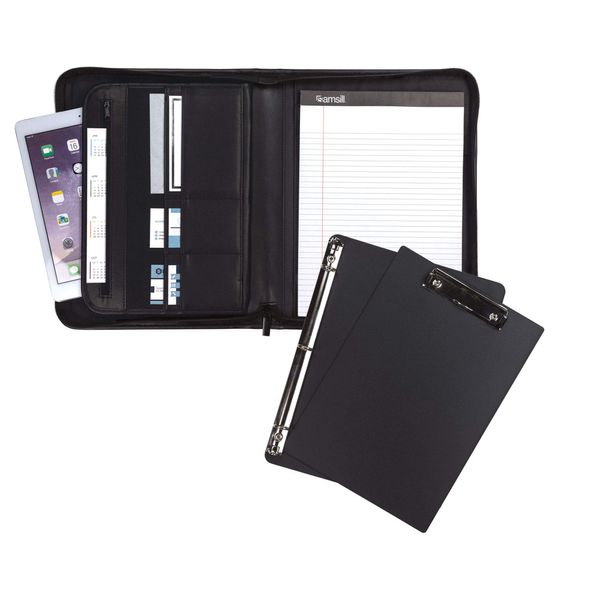 Samsill Professional Padfolio Bundle, Includes Removable Clipboard, 0.5-Inch Round Ring Binder with Secure Zippered Closure and 10.1 Inch Tablet Sleeve, Black, Full Size (70829)