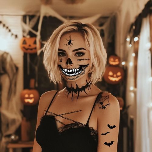 Halloween Face Tattoo,8 Sheets Halloween Mouth Face Tattoos Stikcers Skeleton Mouth Tattoos Temporary Halloween Make Up for Adults (Black&White)