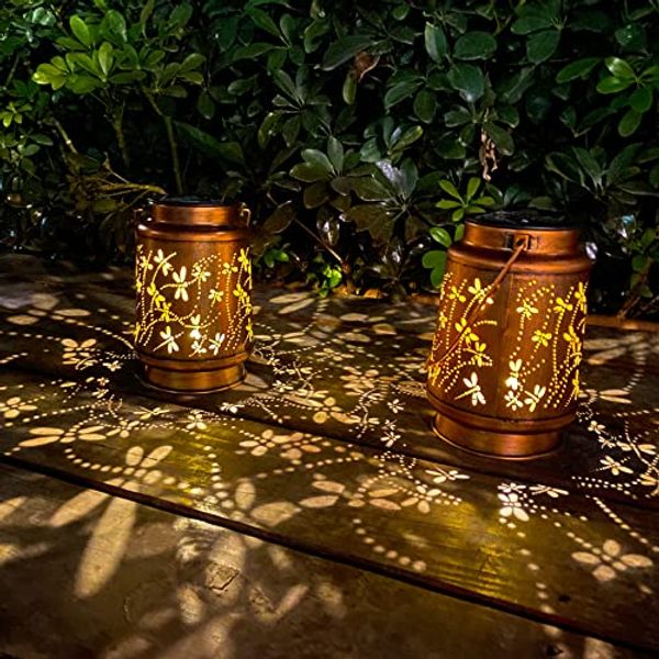 2 Pack Dragonfly Solar Lantern Lights Outdoor Decor, Hanging Metal Decorations Waterproof with LED Light, Landscape Lights for Garden Patio Yard Lawn Backyard Front Porch Gifts for Mom Grandma