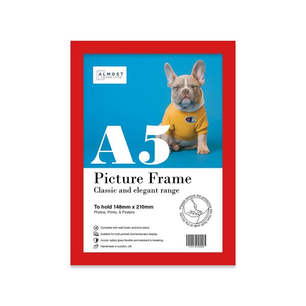 A5 Red Picture Frame, Fits A5 (14.8 x 21cm - 5.8 x 8.3in) Poster, Photo, or Print. Portrait and Horizontal Wall Hooks/Kickstand Wall Art Display