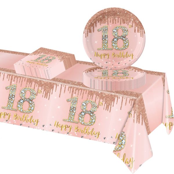 POPOYU 37Pcs Rose Gold 18th Birthday Tableware Set,Happy Birthday Party Dinnerware Set,Rose Gold Paper Plates 9 Inch Napkins Table Cloth for Girls,Her 18th Birthday Gifts Party Supplies