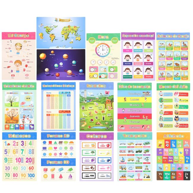 ULTECHNOVO Preschool to Elementary Spanish Education Poster Home School Kindergarten Class Classroom 16 Pcs