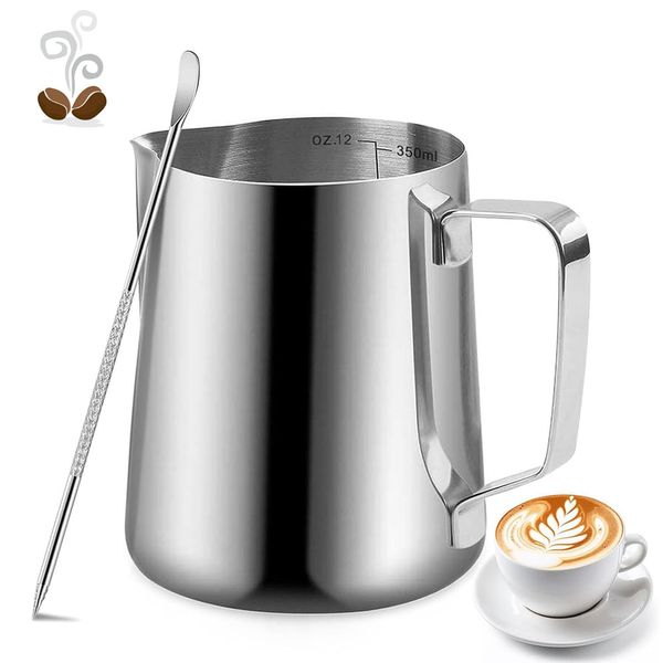 Milk Frothing Pitcher, 350ml /12oz Milk Jug for Coffee Machine, Milk Jug with Measurement Mark and Decorating Pen for Making Latte Art and Cappuccino Coffee, Suitable for Coffee Lovers, Silvery