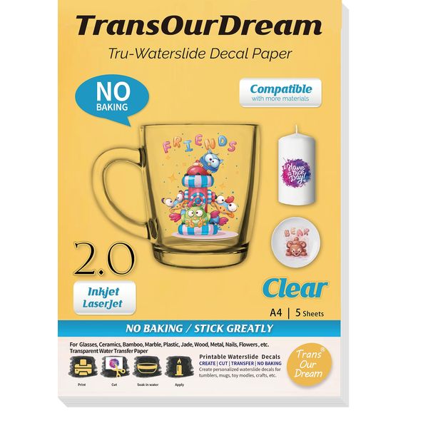 TransOurDream Water Slide Decal Paper for Inkjet & Laser Printer CLEAR (5 Sheets, A4 Size) Transparent Waterslide Transfer Paper Printable Waterslide Paper for Tumblers, Mugs, Glasses