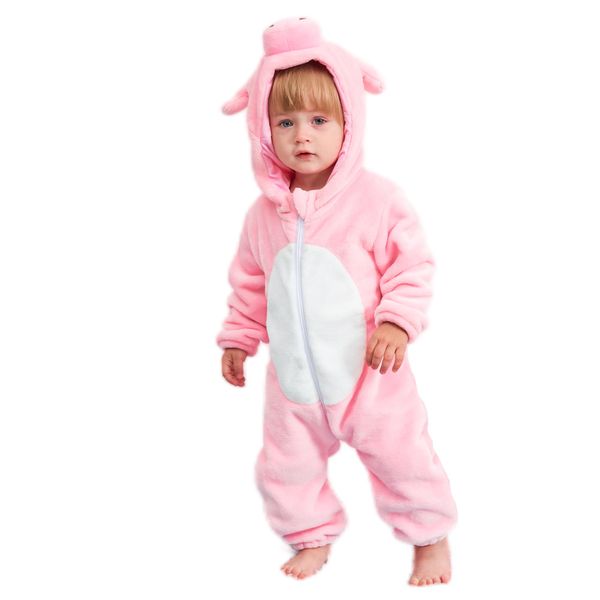 HAHASHOW Baby Winter Hooded Romper Jumpsuit Unisex kids Flannel Romper Halloween Toddler Cartoon Animal Costume 18-24 Months,Pig