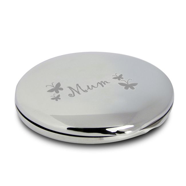 Silver Finish Engraved Mum Round Butterfly Compact Mirror Great Gifts Idea for Mummy Birthday Christmas Presents Mothers Day Gift by Pmc - Personalised Compact Mirrors