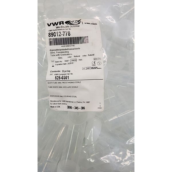 VWR 89012-778 Centrifuge Tubes Freestanding Specimen and Plug Seal Caps PACK/ 50