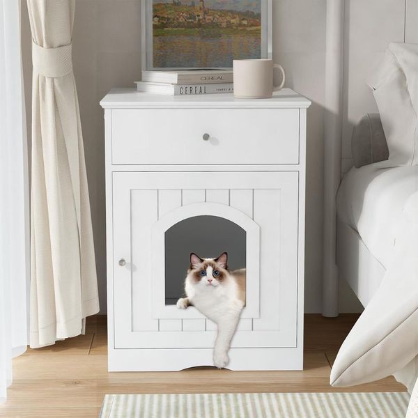 Wooden Pet House Cat Litter Box Enclosure with Drawer, Side Table