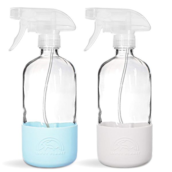 SAVVY PLANET - Glass Spray Bottles for Cleaning, Silicone Sleeve Bottom for Protection, Reusable Glass Spray Bottles 16 Oz With Adjustable Nozzle Settings (2 Pack)