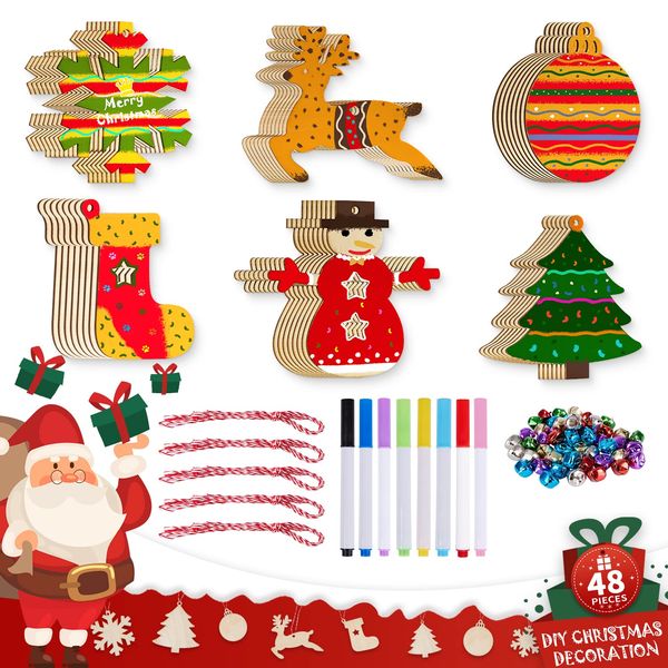 Lanpn Christmas Arts and Crafts Kits for Kids, Wooden Xmas Baubles Oranments Crafting Set for Children Toddlers Adults DIY Paint Your Own Decorations Decorate 48pcs