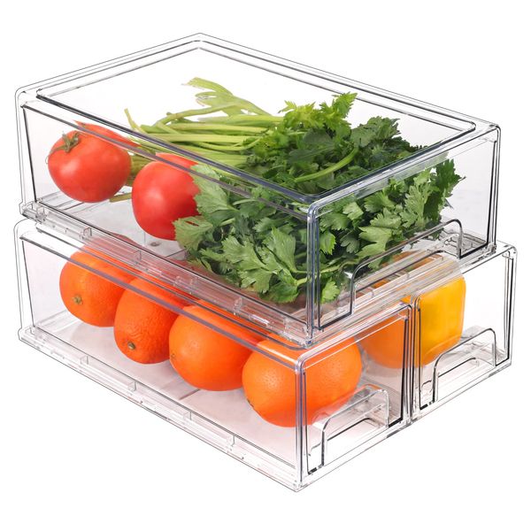 Moretoes Fridge Organizer Bins, 3 Pack Clear Stackable Pull Out Refrigerator Organizer Bins, BPA-Free Fridge Organizer Containers for Kitchen Storage (2 Small and 1 Medium)