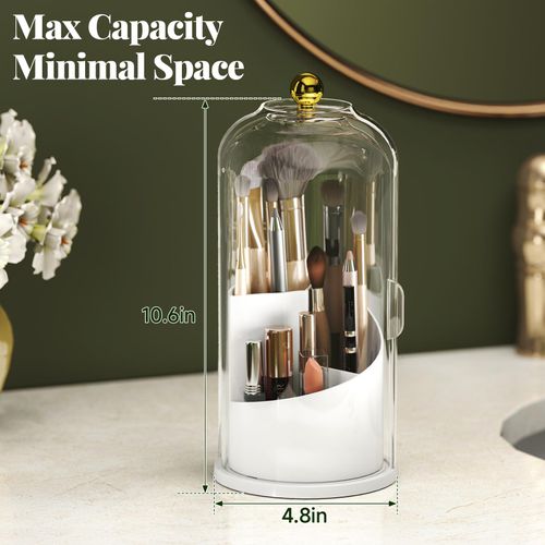 Delamu Toothbrush Holders with 360° Smooth Rotating Base, 3 Slots Bathroom Organizer Countertop with Sliding Lid, Brush Toothpaste Holder Makeup Brush Organizer for Vanity, White