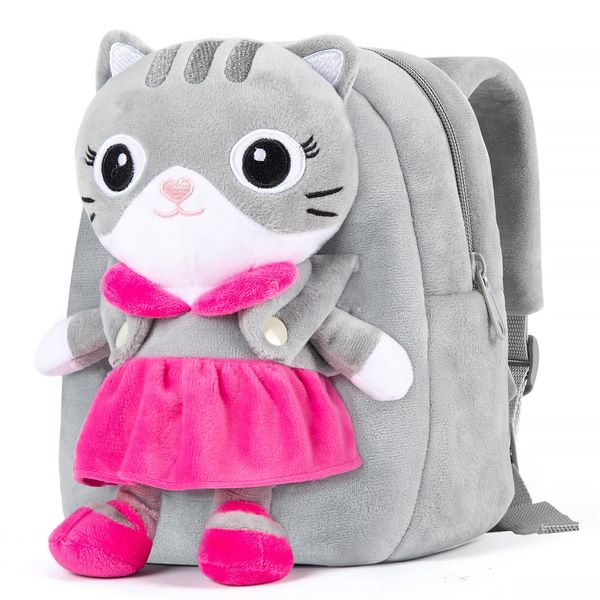 HONGTEYA Toddler Backpack for Girls with Stuffed Animal Cat Toy Soft Plush Kids Mini Backpack Kitty Toys Birthday Christmas Gifts for Baby Girl Age 1 2 3 4 5