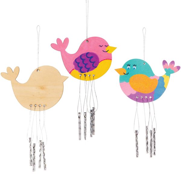 Baker Ross AT558 Bird Wooden Windchimes - Pack of 4, Musical Chime Kits for Kids Arts and Crafts Projects, Great Indoor or Outdoor or as a Gift for Creative Children