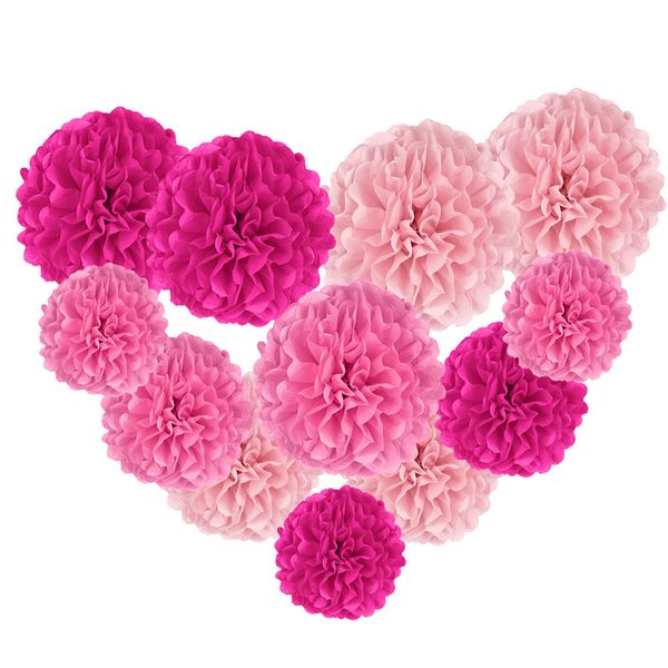 12 Pcs Decorations Tissue Pom Poms Kit, Pink Tissue Paper Flowers Balls Ceiling Hanging Decorations for Birthday, Baby Shower, Graduation, Wedding, Engagement Party Decorations