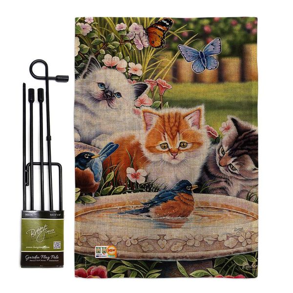 Breeze Decor Splashing Up Some Fun Garden Flag Set with Stand Cat Kitten Meow Spoiled Paw Fur Pet Nature Farm Animal Creature House Banner Small Yard Gift Double-Sided, Made in USA