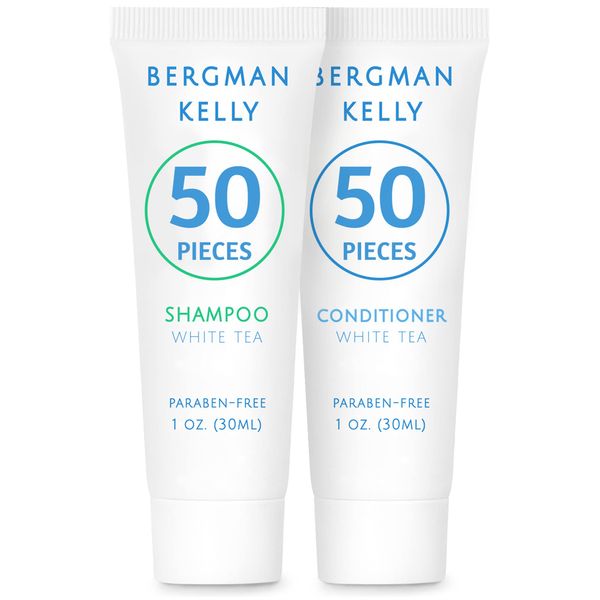 BERGMAN KELLY Travel Shampoo and Conditioner Set (1 fl oz, 100 Pieces, White Tea), Delight Your Guests with a Revitalizing and Refreshing Hotel Toiletries and Guest Hospitality in Bulk