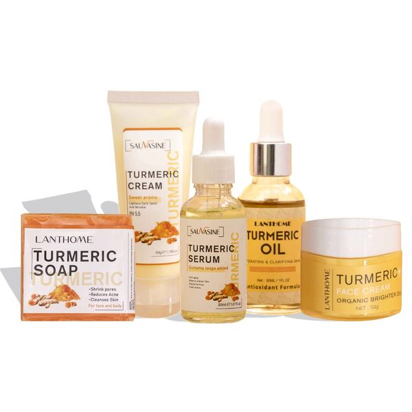 PhantomSky Turmeric Skin Care Kit, 5PCS Long-Lasting Moisturizing Skincare Set with Turmeric Cream, Turmeric Oil, Turmeric Serum, Turmeric Face Cream and Beauty Soap for Brightening Face