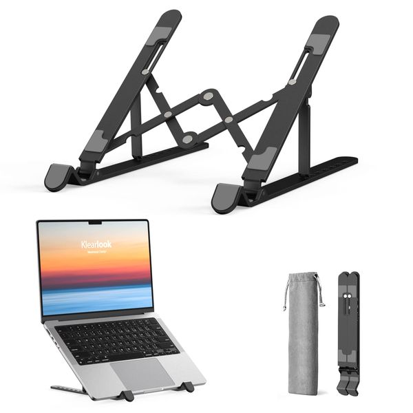 Portable Laptop Stand wi/Carry Bag - Klearlook 7-Level Adjustable Laptop Riser, Foldable ABS+Silicone Laptop Holder for Desk, Ventilated Cooling Notebook Stand for Laptops&Tablet up to 15.6" - Black