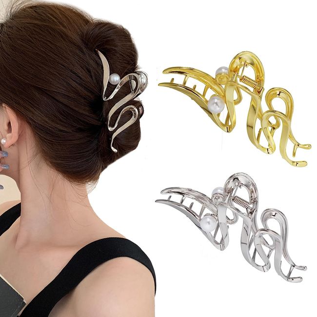 FAMIDIQGO 2 Stück Haarklammern, mit Perle, Elegante, Unregelmäßige Metallkralle, rutschfest, Starker Halt, Modischer Haarschmuck für Frauen und Mädchen (Gold und Silber)