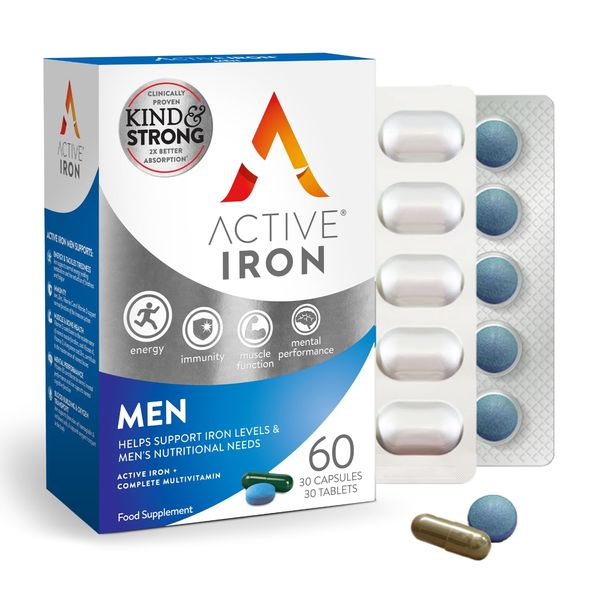 Active Iron Men | 30 Iron Capsules & 30 Multivitamin Tablets | Iron Supplement with Zinc, Vitamin C, D and High Dose B Vitamins | 1-Month Supply