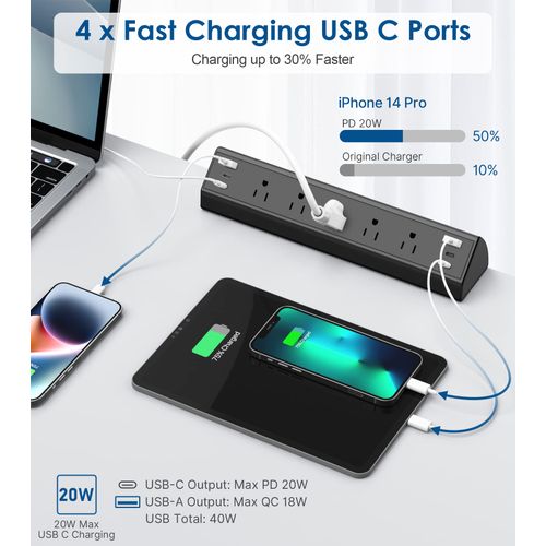 Desk Clamp Power Strip USB C,40W Total Fast Charging Station,4 PD 20W USB C Ports,Desk Edge Mount Power Strip 6 USB Ports 5 AC Outlets Surge Protector,6ft Cord,Fit 1.96" Tabletop Edge