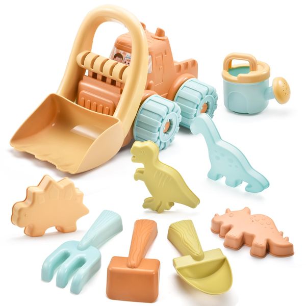 KKQ Beach Toys for Toddlers 1-3,Sand Toy Include Shovel,Bulldozer,Animal Dinosaur and Watering Can Molds with Mesh Bag,Gifts for Baby Boys Girls Age 3 4 5 6+