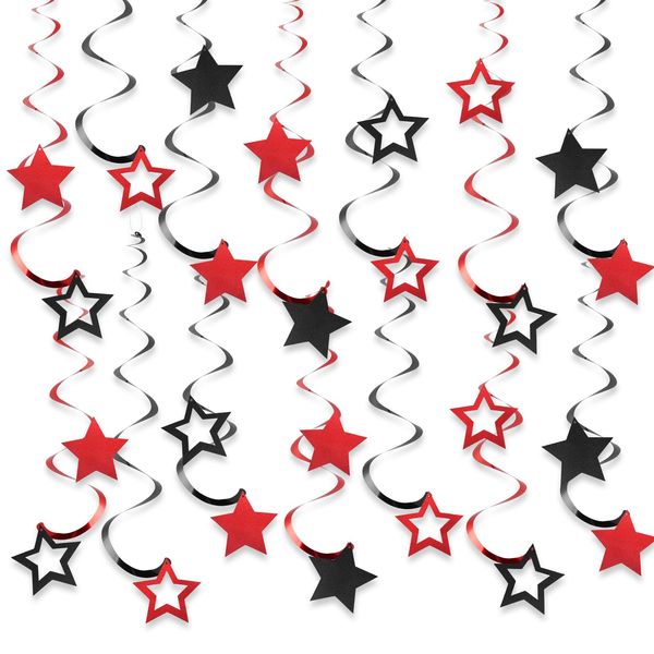 YEOCU 64pcs Hanging Swirls Party Decorations - Ceiling Foil Swirls Decorations Hanging Party Streamers for Birthday, Ceiling Hanging Decor Party Supplies for Boys Girls Kids (Red & Black)