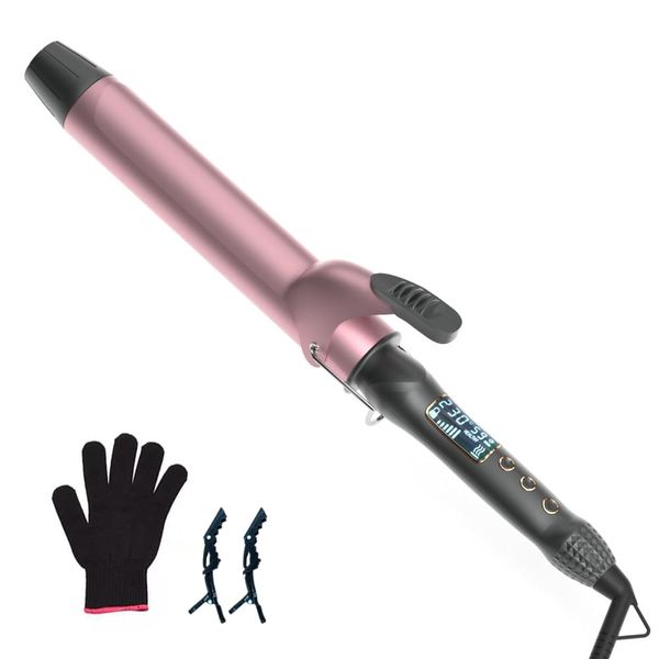 1 1/2 inch Curling Iron with Ceramic Coating, Hair Curler with Long Barrels, Wand Curler with Protective Glove & 2 Clips