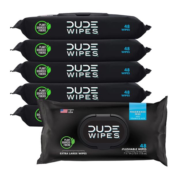 DUDE Wipes Flushable Wipes - 6 Pack, 288 Wipes - Unscented Extra-Large Adult Wet Wipes with Vitamin-E & Aloe for at-Home Use - Septic and Sewer Safe