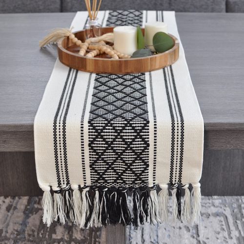 Boho Short Coffee Table Runner with Tassels 14 x 48 Inches, Black & Cream/ Woven Washable Dresser Scarf and Topper for Bedroom, Farmhouse Short Table Cover