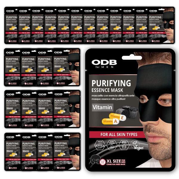 ODB for MEN Charcoal Essence Sheet Mask for Bearded Men 24 PK Purifying Vitamin Facial Mask for men with beards Mens Skin Care Sheet Masks for Face Mens Skin Care Kit Bulk Face Masks Skincare