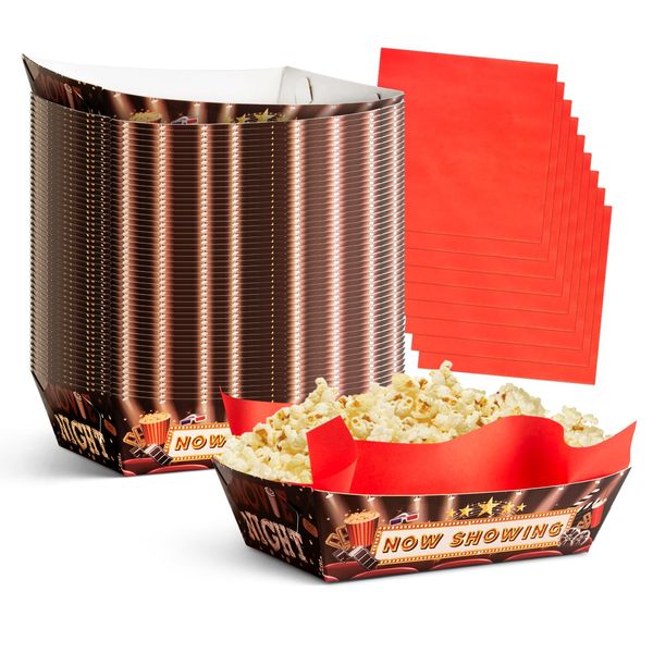 100 Pcs Movie Night Snack Trays 50 Movie Paper Food Tray Party Bowl with 50 Waxed Deli Paper for Movie Party Supplies