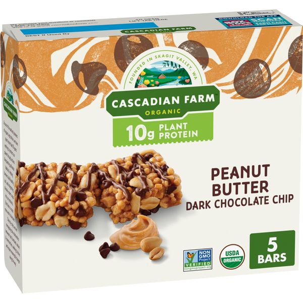 Cascadian Farm Organic Peanut Butter Dark Chocolate Chip Protein Bars, Non-GMO, 5 Bars, 8.85 oz.