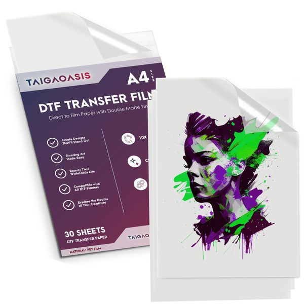 TAIGAOASIS DTF Transfer Film A4-30 Sheets - 8.3 x 11.7 Inches - Anti-Static DTF Transfer Paper - Direct to Film Paper with Double Matte Finish - 10X Coating for Brighter, Clearer, Durable Images