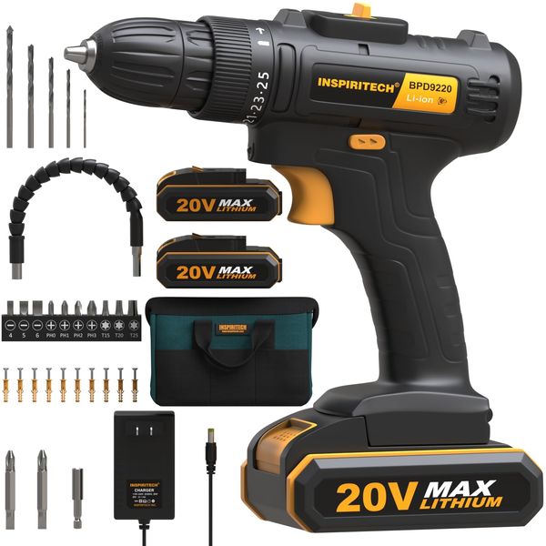 INSPIRITECH 20V Cordless Drill, Power Drill Set with 2 Batteries and Charger,3/8-Inch Chuck Electric Drill Kit with 24-Torque Setting, Drill Driver Bits and Tool Bag Included