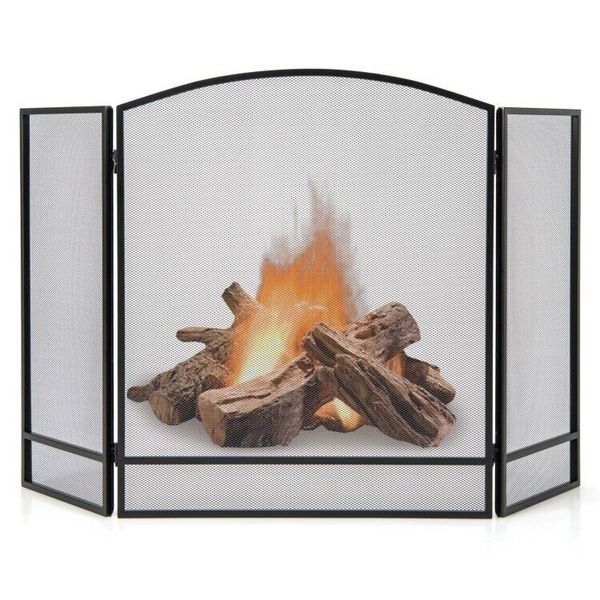 3-Panel Decorative Foldable Fireplace Screen Heavy Duty With Wrought Iron Mesh