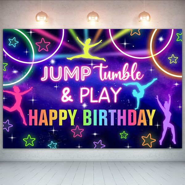 Wonmelody Gymnastics Birthday Banner Backdrop Gymnastics Party Decorations for Girls Gymnastics Jump Tumble Play Birthday Banner Background Neon Gymnastics Photography Backdrops for 10th Girl