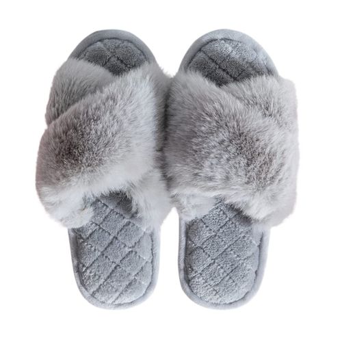 Euyqs Women's Slippers, Indoor Room Shoes, Cold Protection, Warm, Fluffy, Front Opening, For Autumn and Winter, Warm, Lightweight, For Guests, gray
