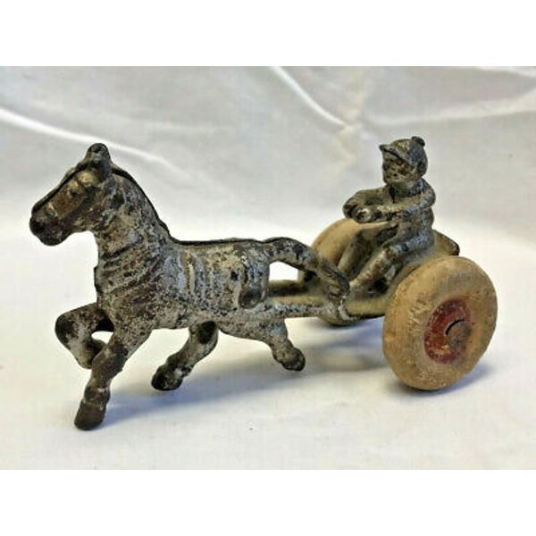 Vtg Cast Iron Toy Horse Drawn Cart Sulky Harness Racing Toy