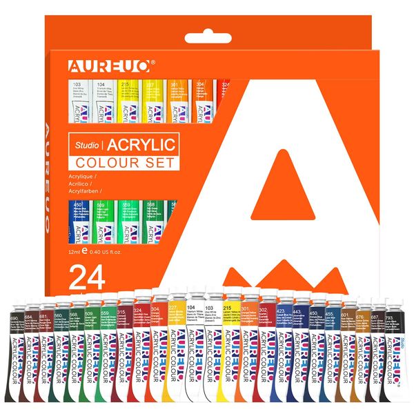 AUREUO Studio Level Tubular Acrylic Paint Set 12ml x 24 Tubes Portable Travel Non-Toxic Art Painting Creative Modern Watercolor Landscape Photography Painting for Painters Artists