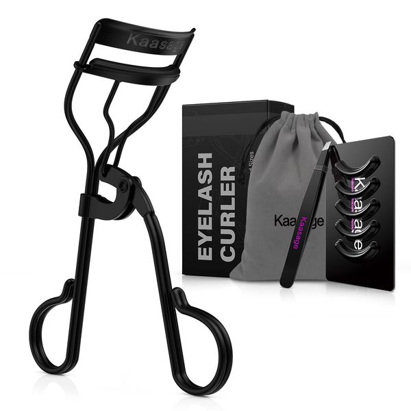 Kaasage Eyelash Curler no Pinching eyelids, Classical Metal Makeup Curling Tool, Contain 5 Silicone Refill Pads and Tweezers, Naturally Curled for 5 Seconds, Curls Lasting All Day