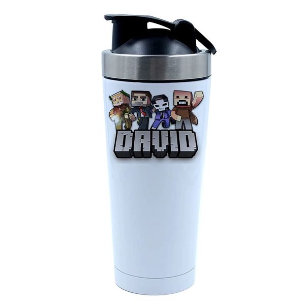 500ml Aluminium Shaker Bottle for Supplement Shakes - Easy Clean, Durable Cup Personalised ANY NAME Cool Pixel Art funny Video Gamer, Gaming Enthusiast. (White)