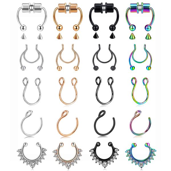 VitaCool Magnetic Septum Nose Ring Stainless Steel Horseshoe Fake Septum Fake Nose Rings 20G Faux Non Piercing Fake Nose Ring Piercings Hoop for Women Men Girls (T20-Piece set)