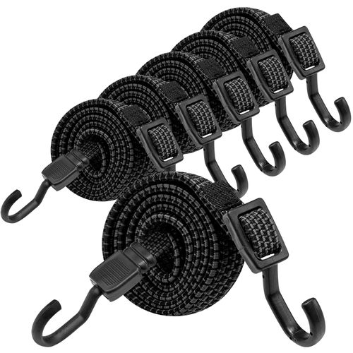 Bungee Cords, Flat Adjustable Bungee Cords with Hooks Heavy Duty 48 Inch, Elastic Rubber Black Bungee Straps with Buckle Hooks for Outdoor, Camping, Tarps, Bike Rack, Tent, Truck, 6 Pack