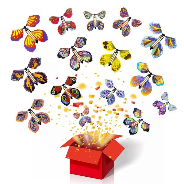 AWAVM Magic Flying Butterfly Card 15 Pcs Clockwork Butterfly Card, Rubber Band Powered Butterfly Magic Fairy Flying Toy for Birthday Gifts, Performance Props, Children Surprise Gifts (Random Color)