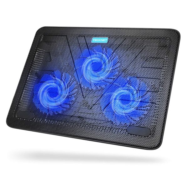 TECKNET Laptop Kühlpads, Laptop Kühler für 12-17 Zoll, Cooling Pad Notebook Cooler Ständer Kühlpad Kühlmatte, 2 USB-Ports, 3 Lüfter mit LEDs(Blau+Schwarz)