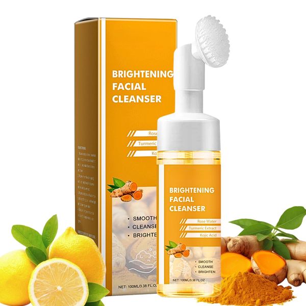 Brightening Face Wash, Turmeric Kojic Acid Foaming Facial Cleanser, Turmeric Face Wash with Brush, Foaming Face Cleanser Women for Skin Tone, Reduce Blemish & Acne, Gentle Cleanser for Hydrate Skin